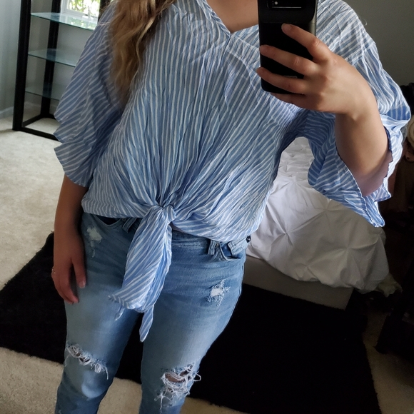 adora Tops - Blue and White Tie Top